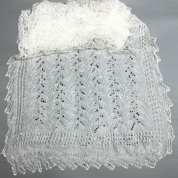 Goat Wool Lace Knit Oblong Shawl Scarf Handmade Russian Orenburg Style Ivory - Picture 5 of 11